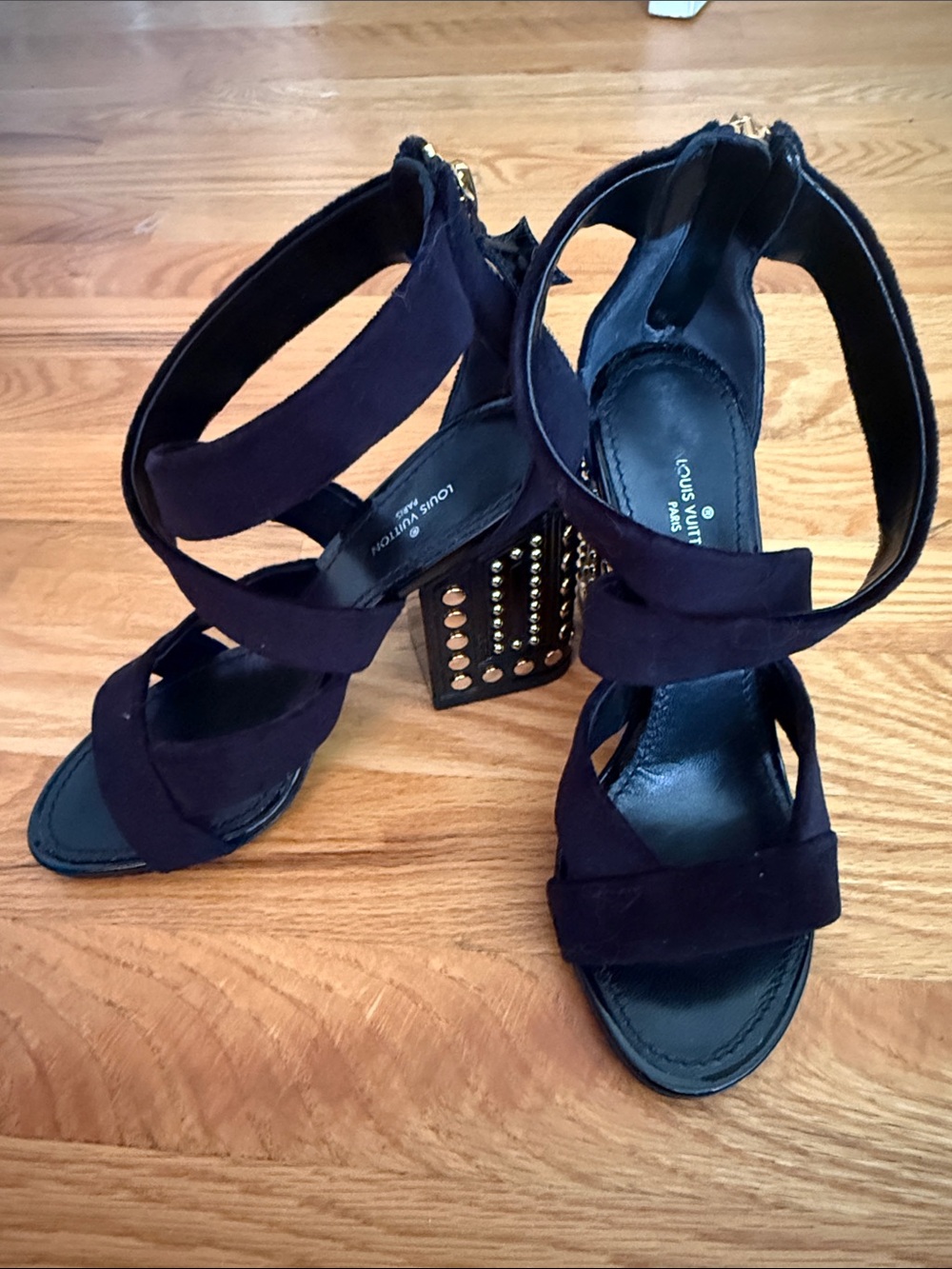Louis Vuitton Black Suede Strappy Studded Block Heels size 34.5